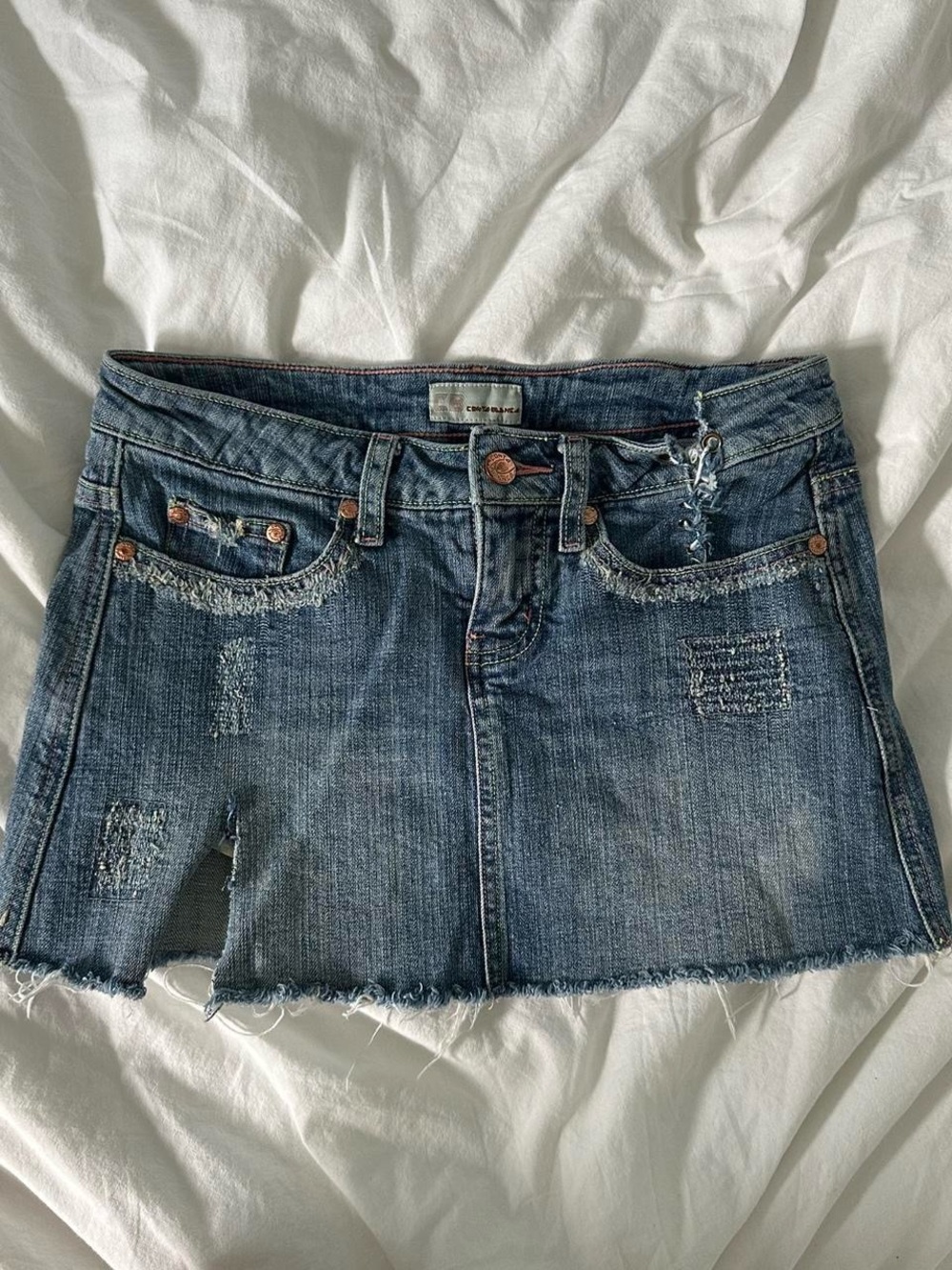 Y2K Costa Blanca Denim Mini Skirt in Blue - Casual Distressed Style